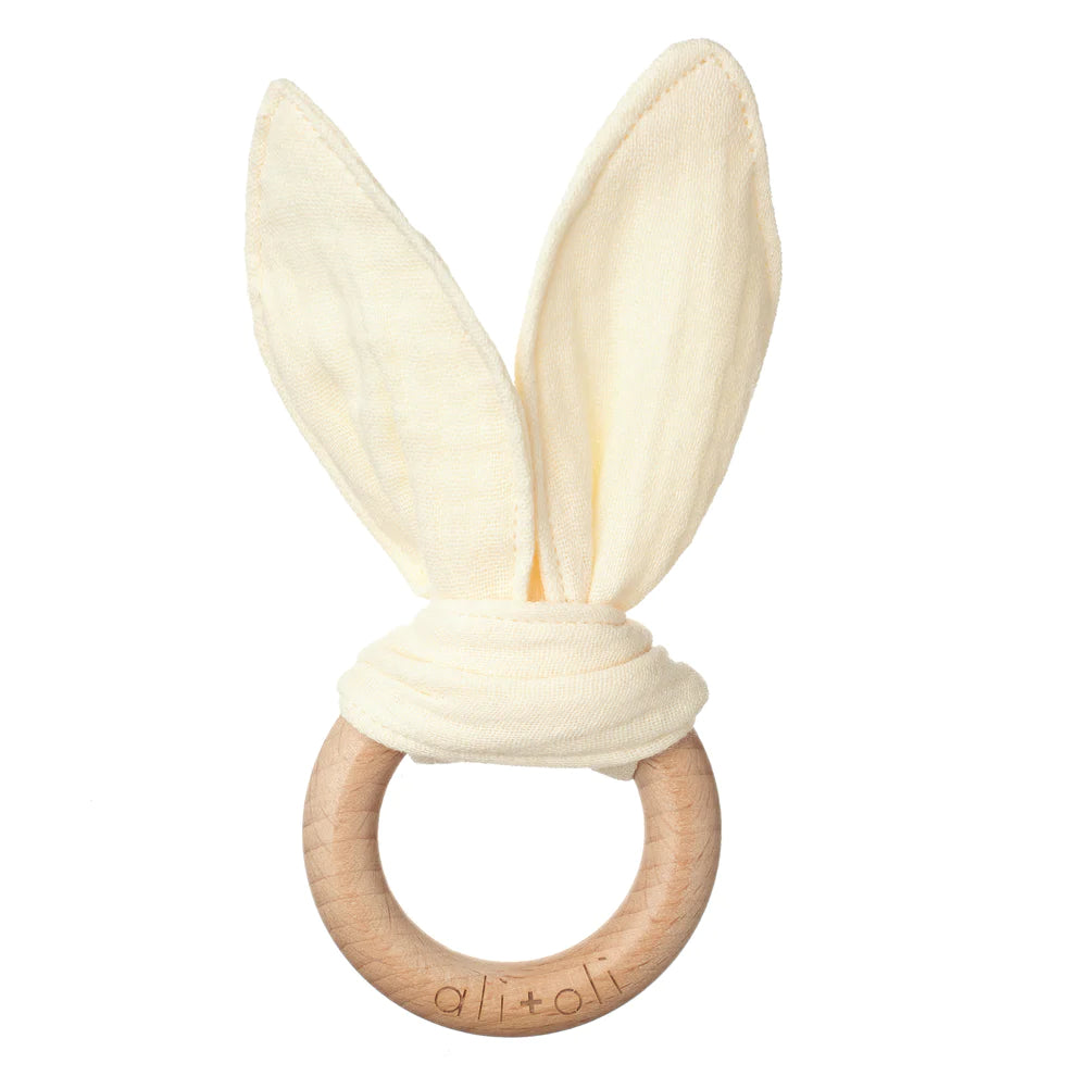 crinkle bunny ears wooden ring teether